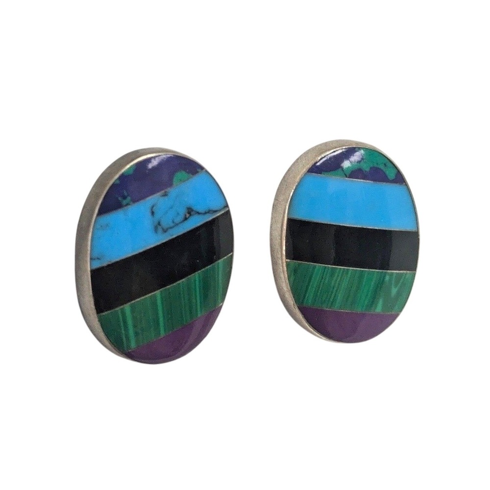 Vintage Taxco Sterling Silver Multi Stone Large‎ earrings Turquoise & Malachite - Picture 6 of 6